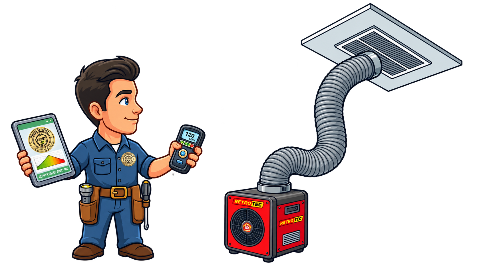 JP inspection technician with a pressure meter and duct leakage testing equipment